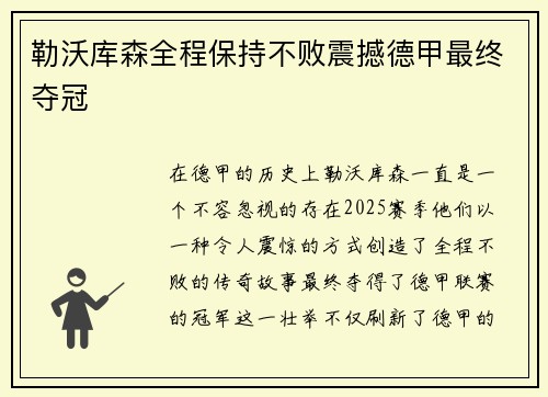 勒沃库森全程保持不败震撼德甲最终夺冠